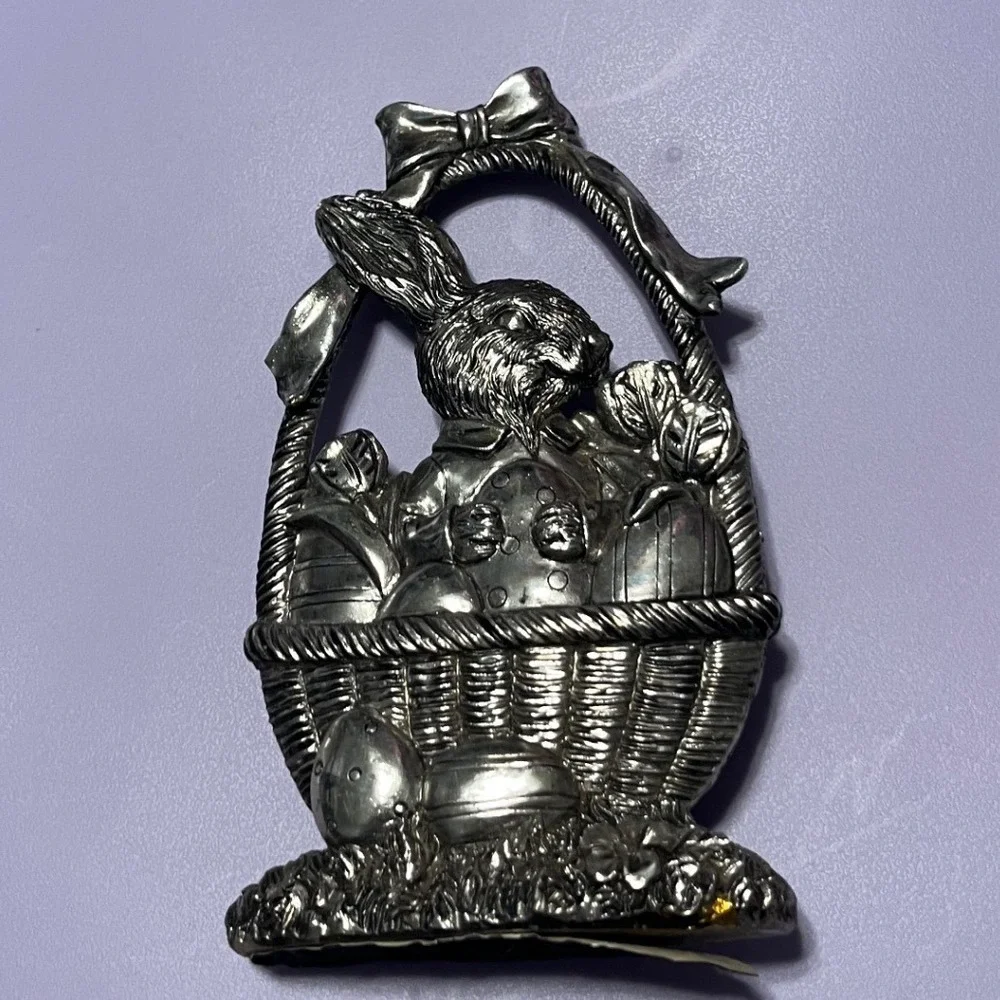 Vintage Silver Tone Metal Easter Bunny Basket Figurine Spring Decor 5.5 Inch